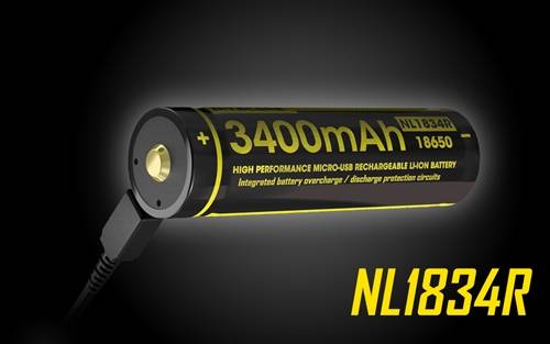 Nitecore NL1834R front view – 3400mAh protected 18650 battery with built-in USB charging port