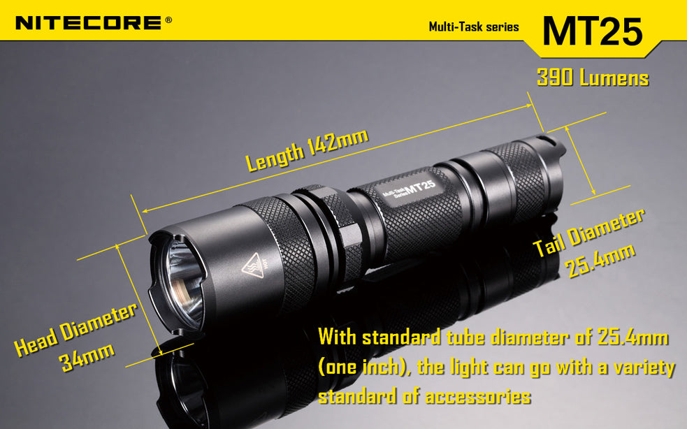 Nitecore Multi Task Series MT25 390 Lumen 2 x CR123 / 1 x 18650 CREE XP-G LED Flashlight