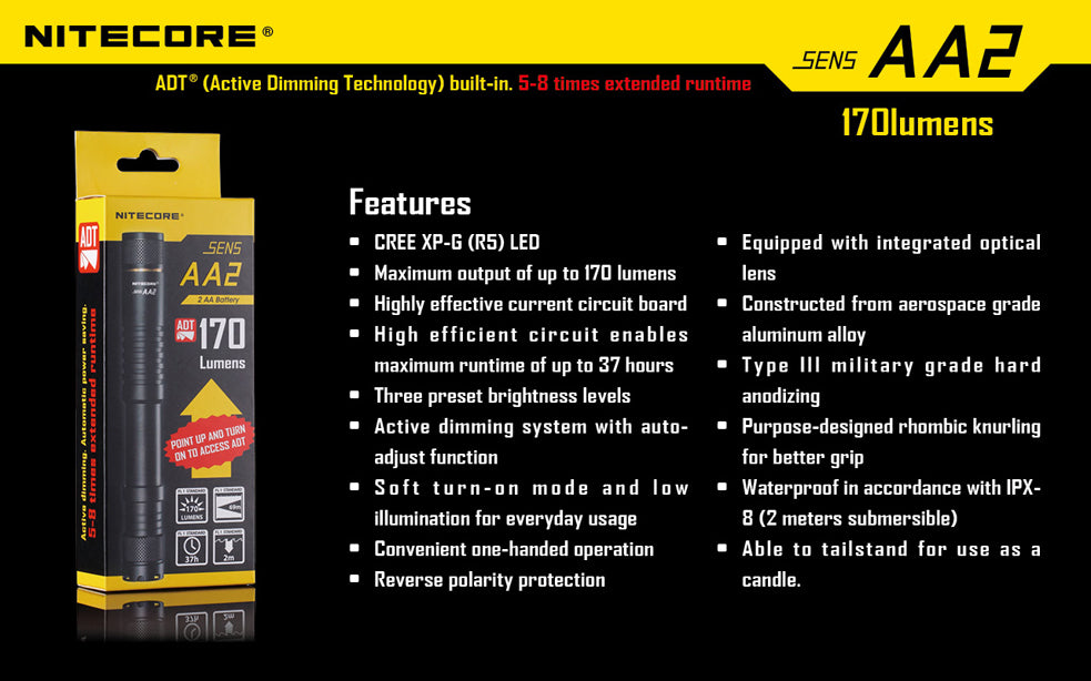 Nitecore SENS AA2 170 Lumen 2 x AA LED Flashlight