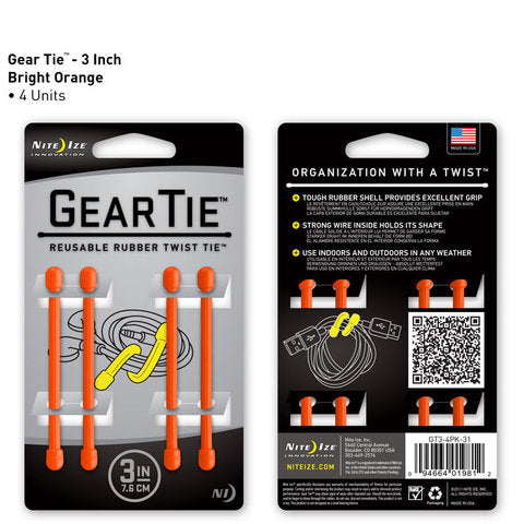 Nite Ize Gear Tie 3 inch - Bright Orange 4pk