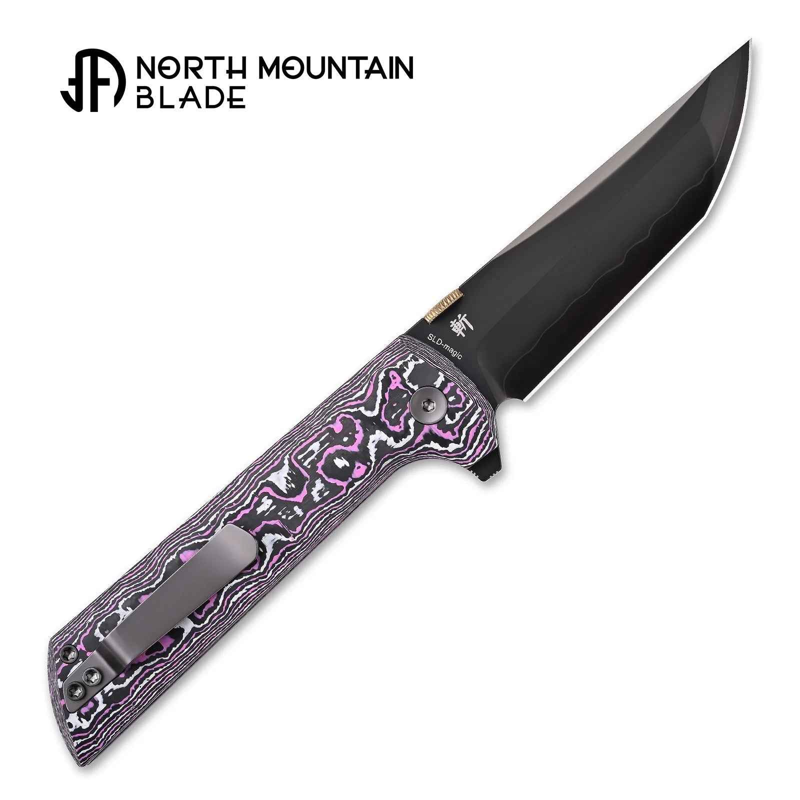 .45-style thumb disc and brass-inlaid button lock detail on the North Mountain Blade 2406-GLOWCF-DLC