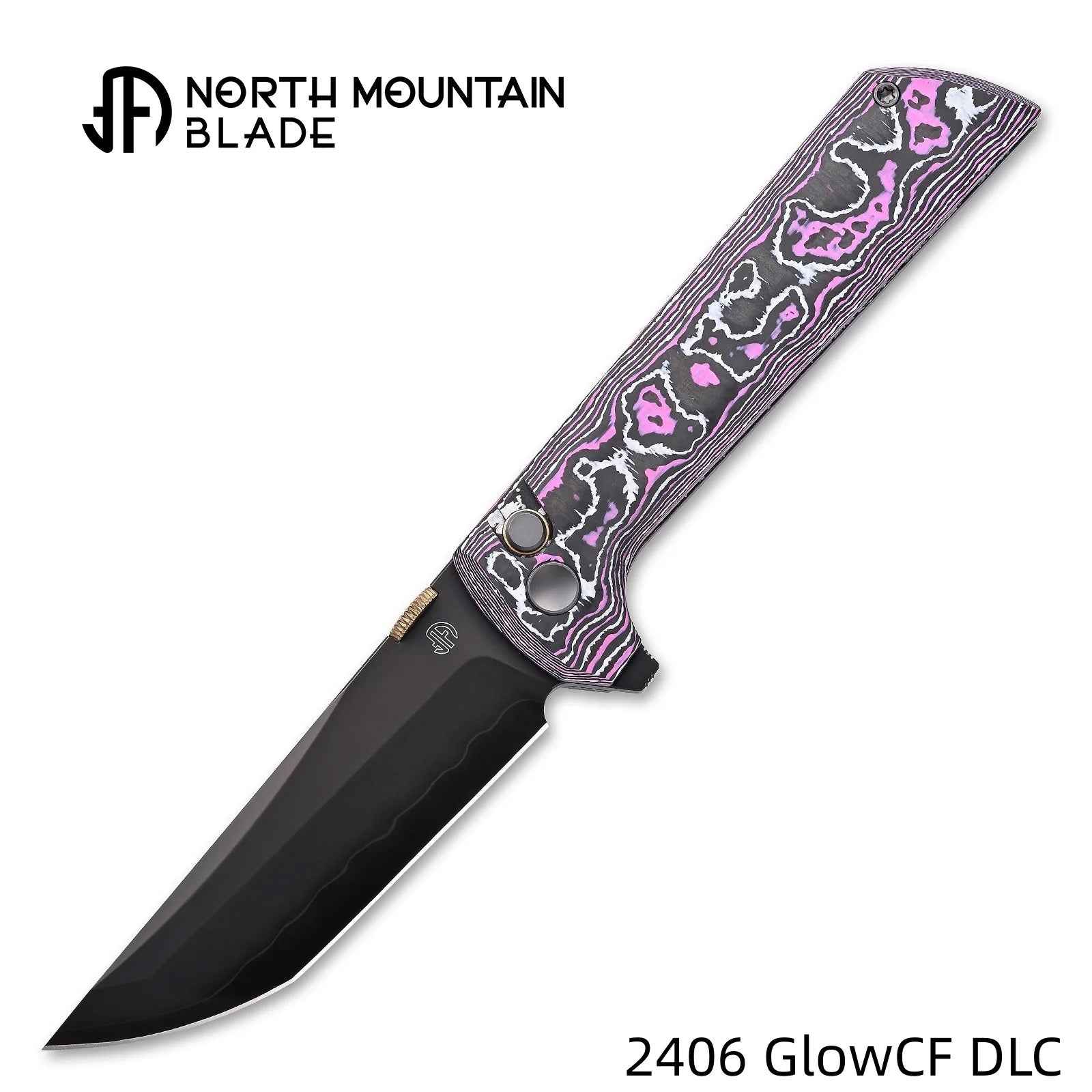 Close-up of DLC-coated SLD-Magic tanto blade on the North Mountain Blade 2406-GLOWCF-DLC