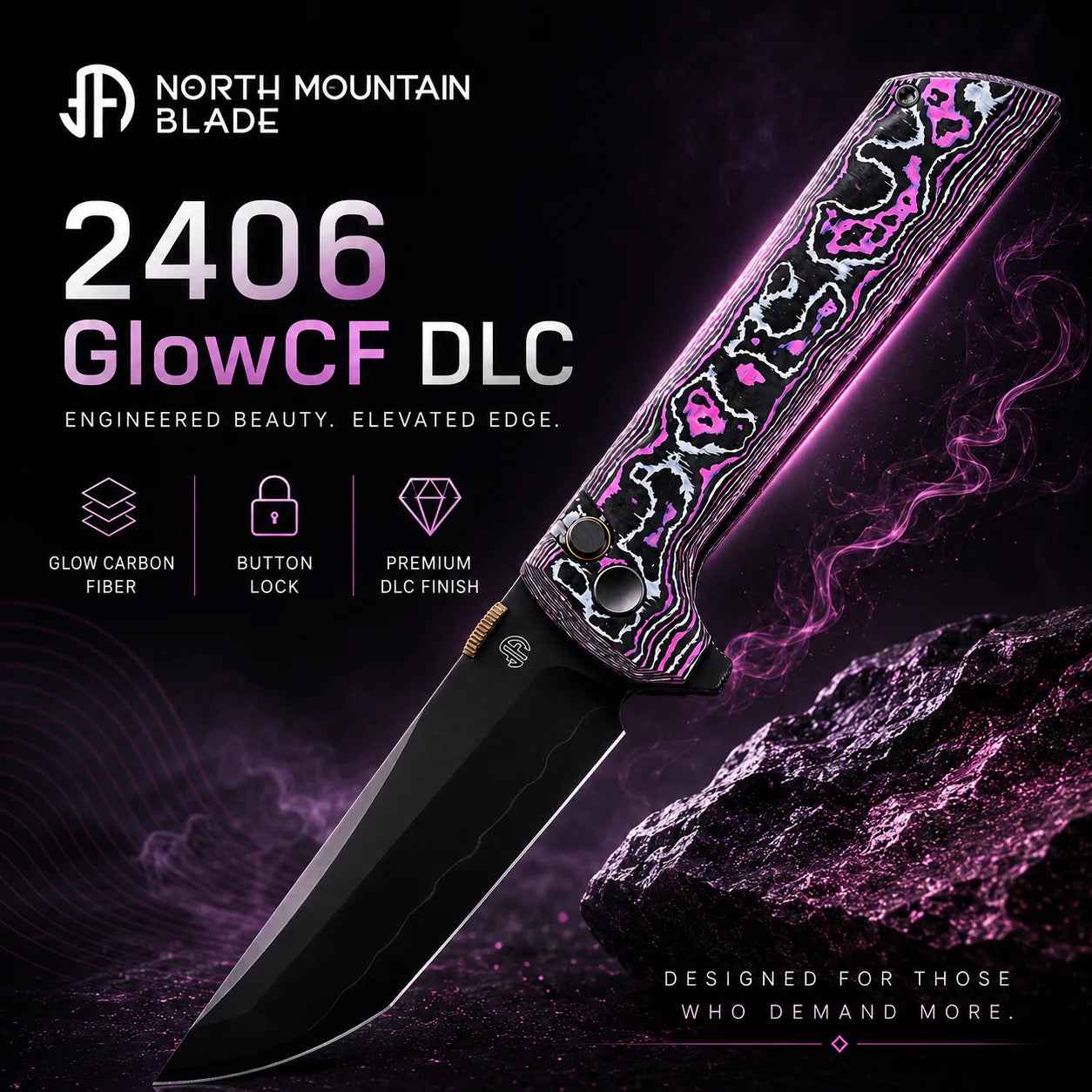 North Mountain Blade 2406-GLOWCF-DLC folding knife fully open showing DLC tanto blade and UV-reactive carbon fiber handles