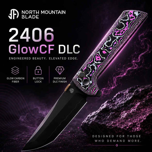 North Mountain Blade 2406-GLOWCF-DLC folding knife fully open showing DLC tanto blade and UV-reactive carbon fiber handles