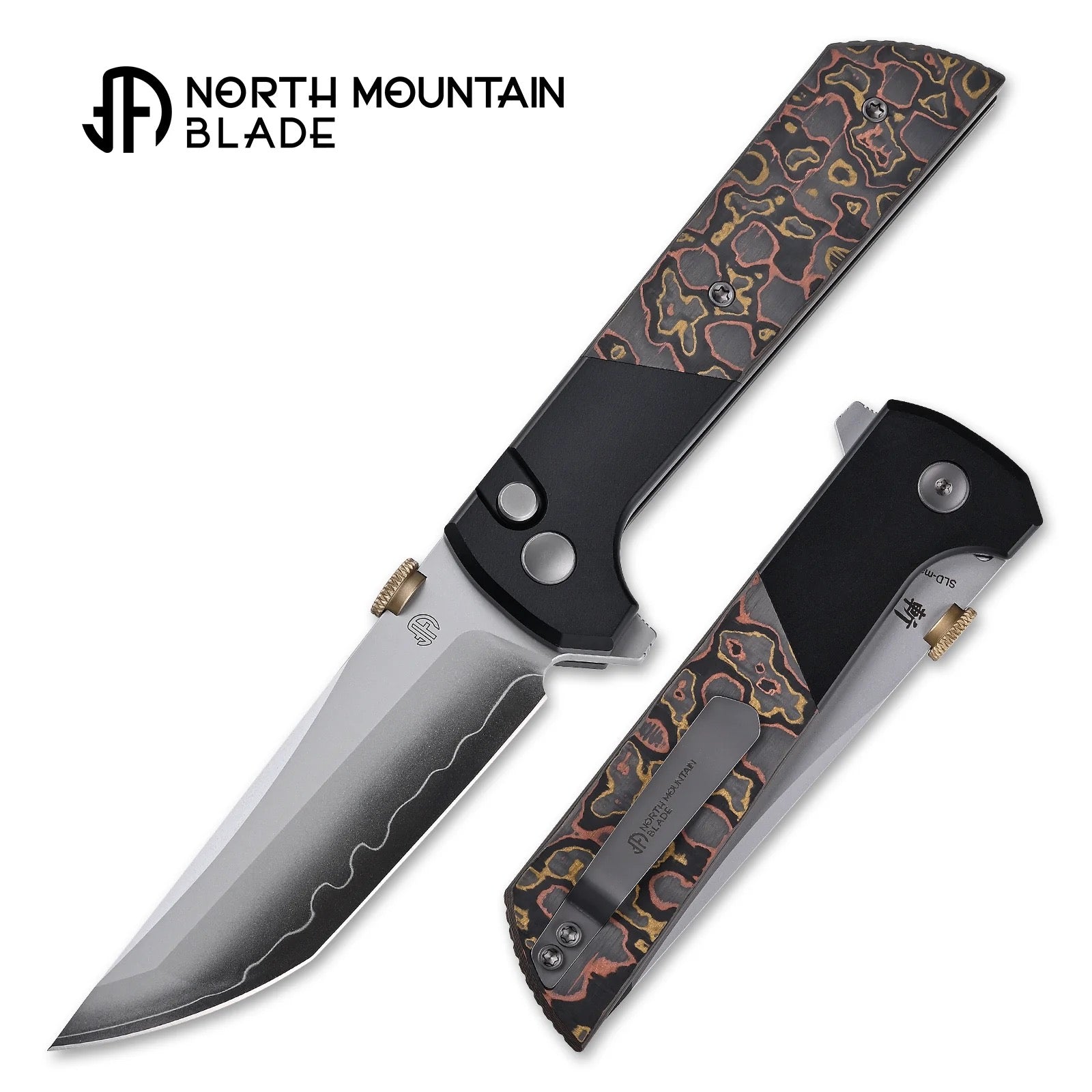 North Mountain Blade 2407-CUCF Chop 2 â€“ 3.5" SLD-Magic Tanto Flipper Folding Knife with copper infused carbon fiber handles