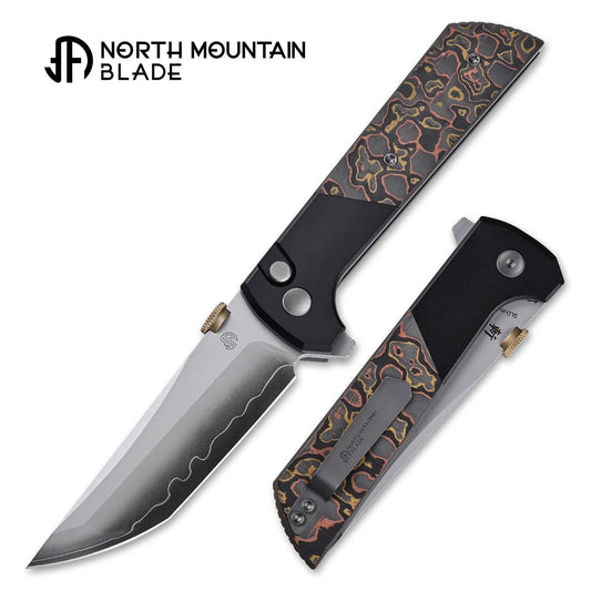 North Mountain Blade 2407-CUCF Chop 2 â€“ 3.5" SLD-Magic Tanto Flipper Folding Knife with copper infused carbon fiber handles