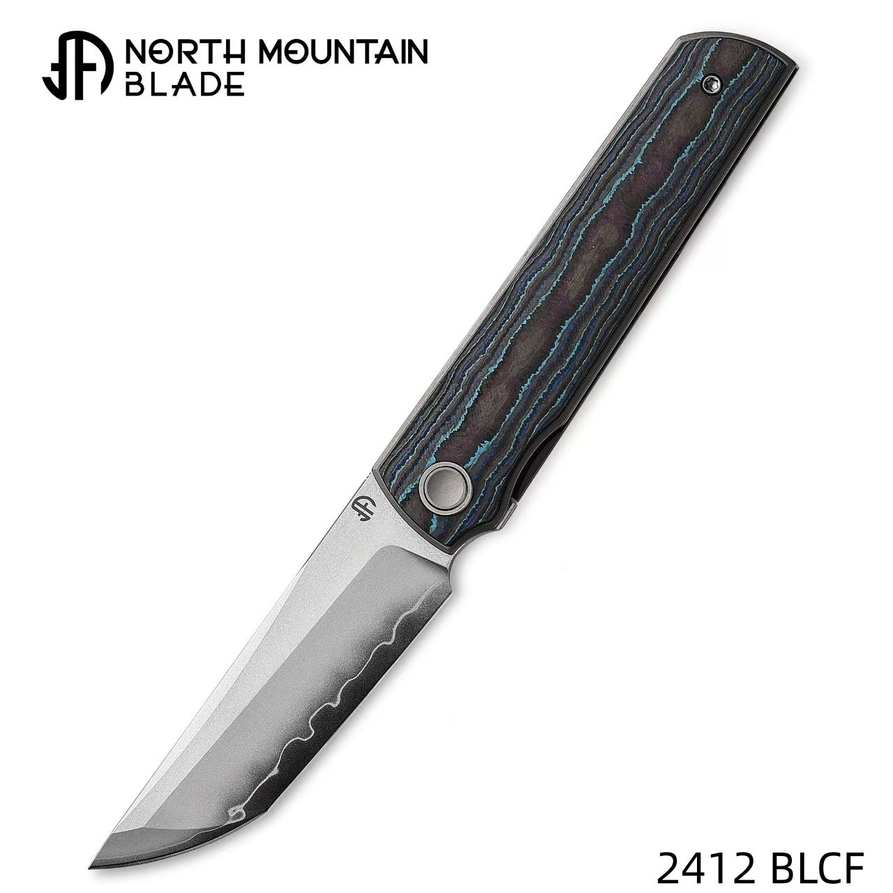 North Mountain Blade CHOP 4 Front Flipper 3.5" SLD San Mai Tanto Blade Blue Ceramic Carbon Fiber Handle 2412-BLCF