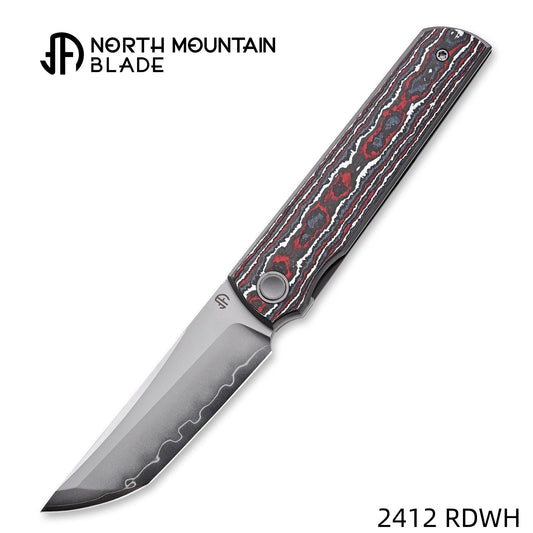 North Mountain Blade CHOP 4 Front Flipper 3.5" SLD San Mai Tanto Blade Red & White Ceramic Carbon Fiber Handle 2412-RDWH