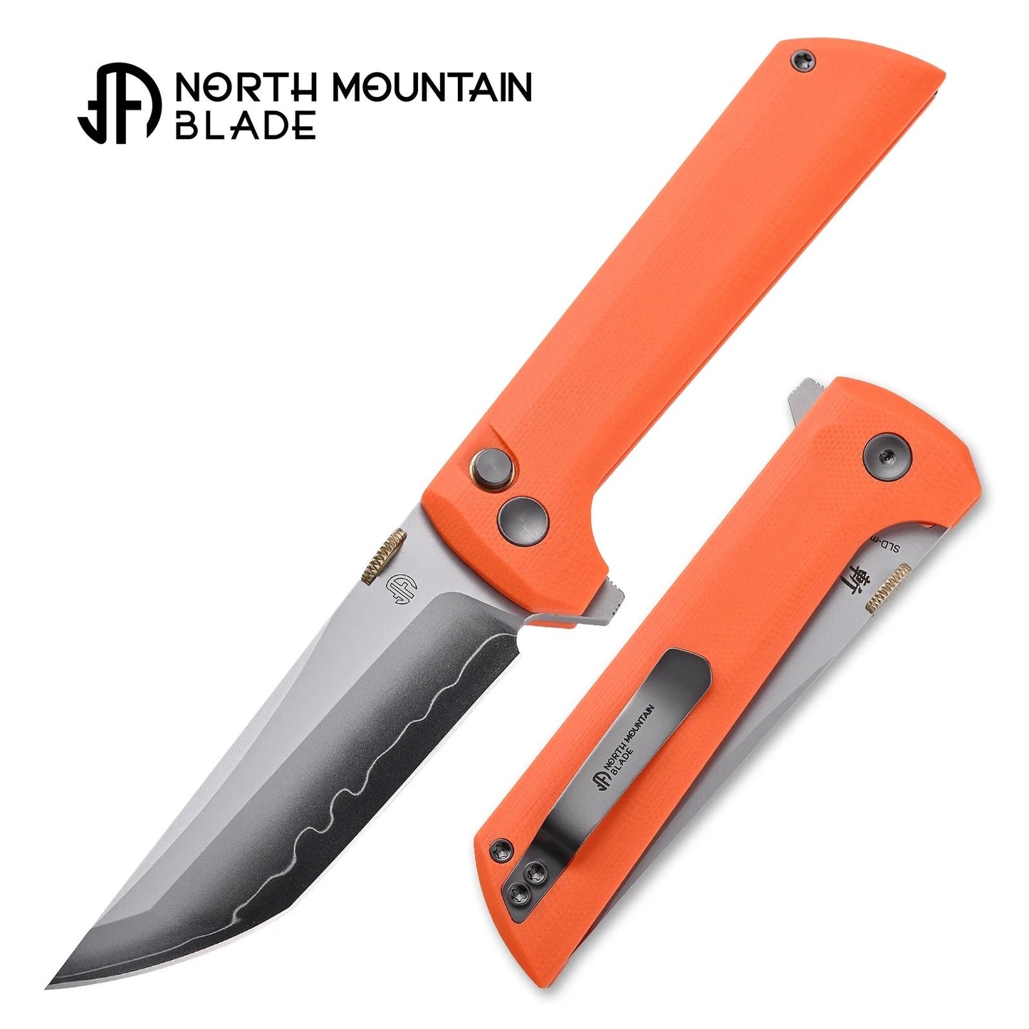 North Mountain Blade Chop 2 2406-OR front view – 3.5" SLD-Magic san mai tanto folding knife, orange G10