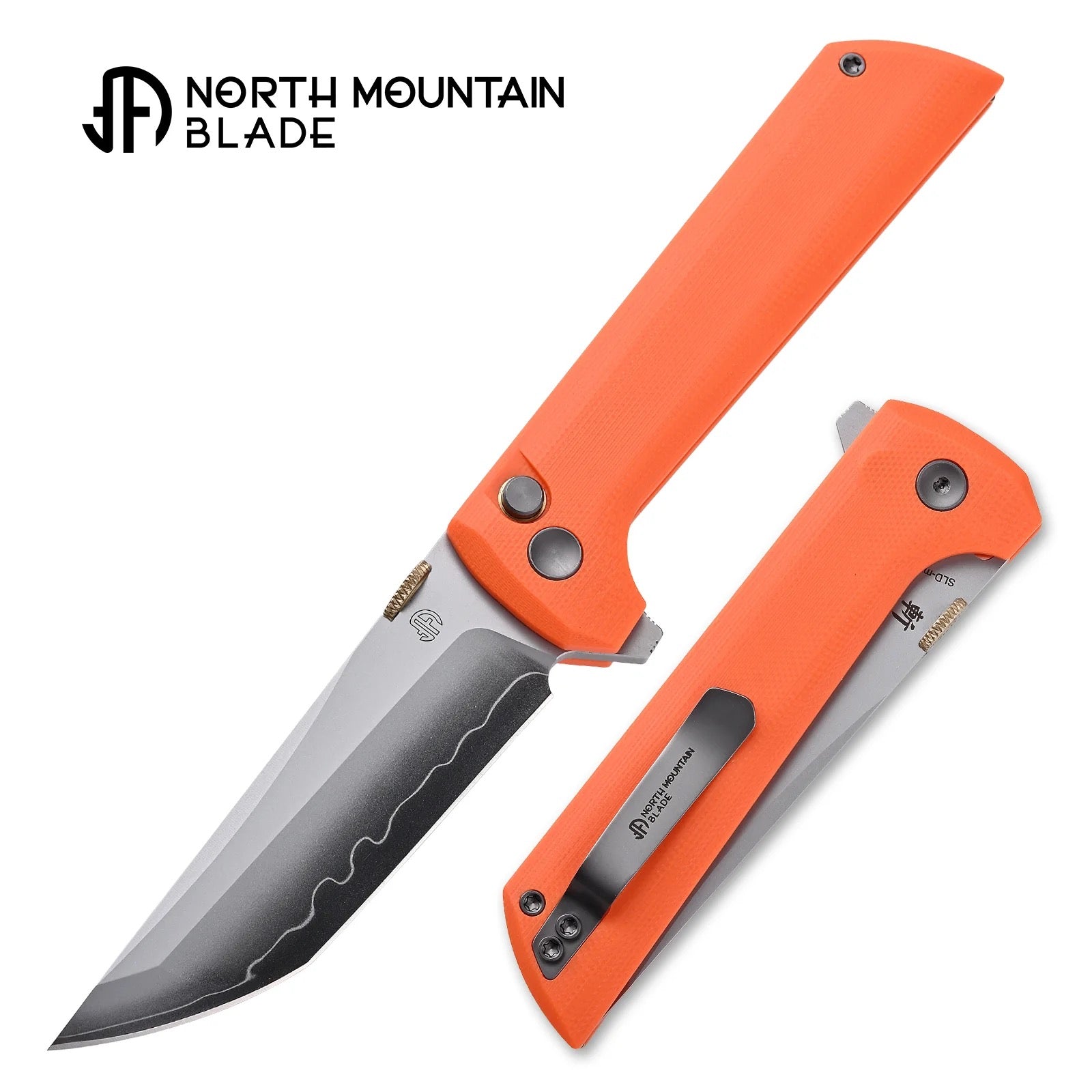 North Mountain Blade Chop 2 2406-OR front view – 3.5" SLD-Magic san mai tanto folding knife, orange G10