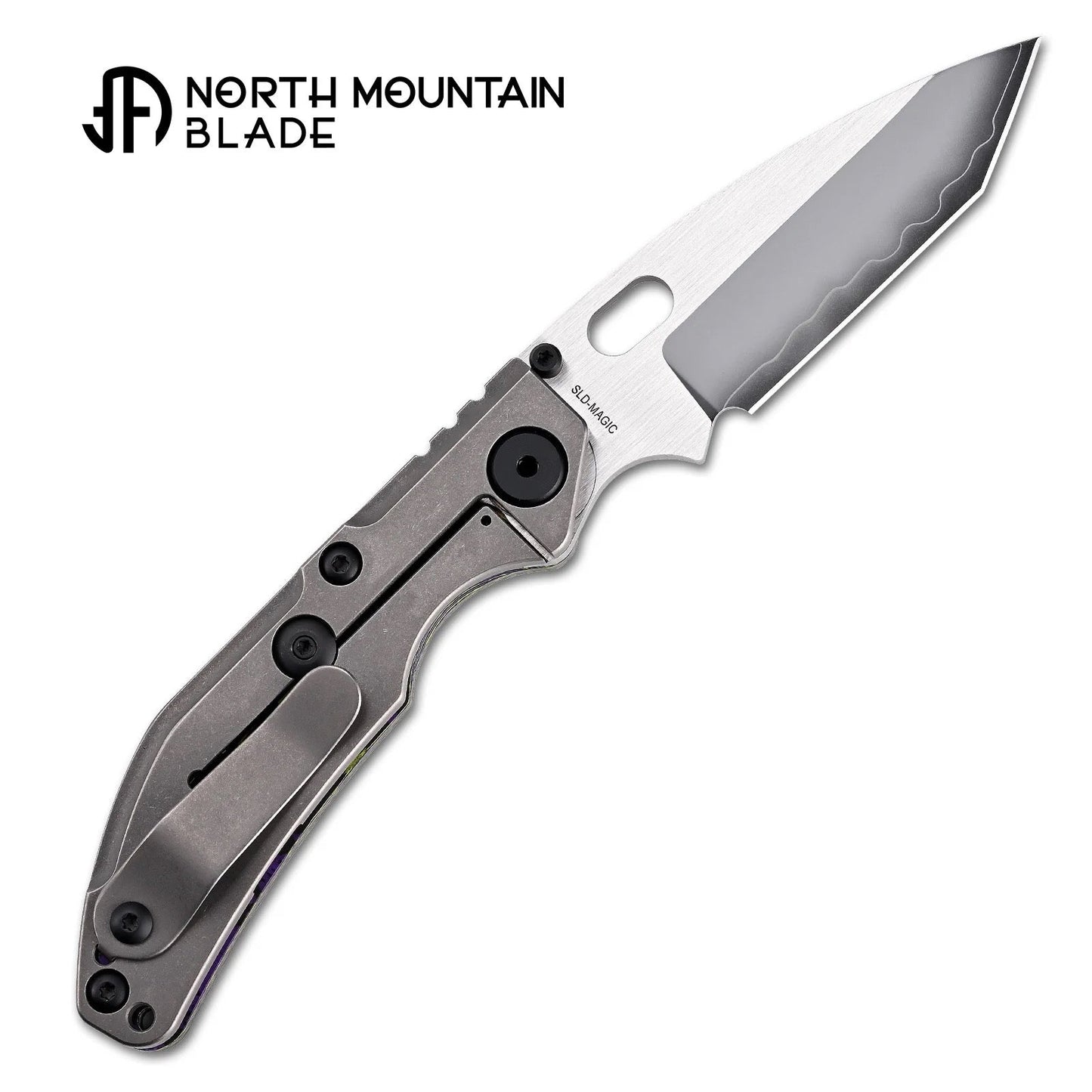 North Mountain Blade BBNM 2522-PRGR 3.54" SLD-Magic Tanto Folding Knife Purple & Yellow Ceramic Carbon Fiber Titanium Handle