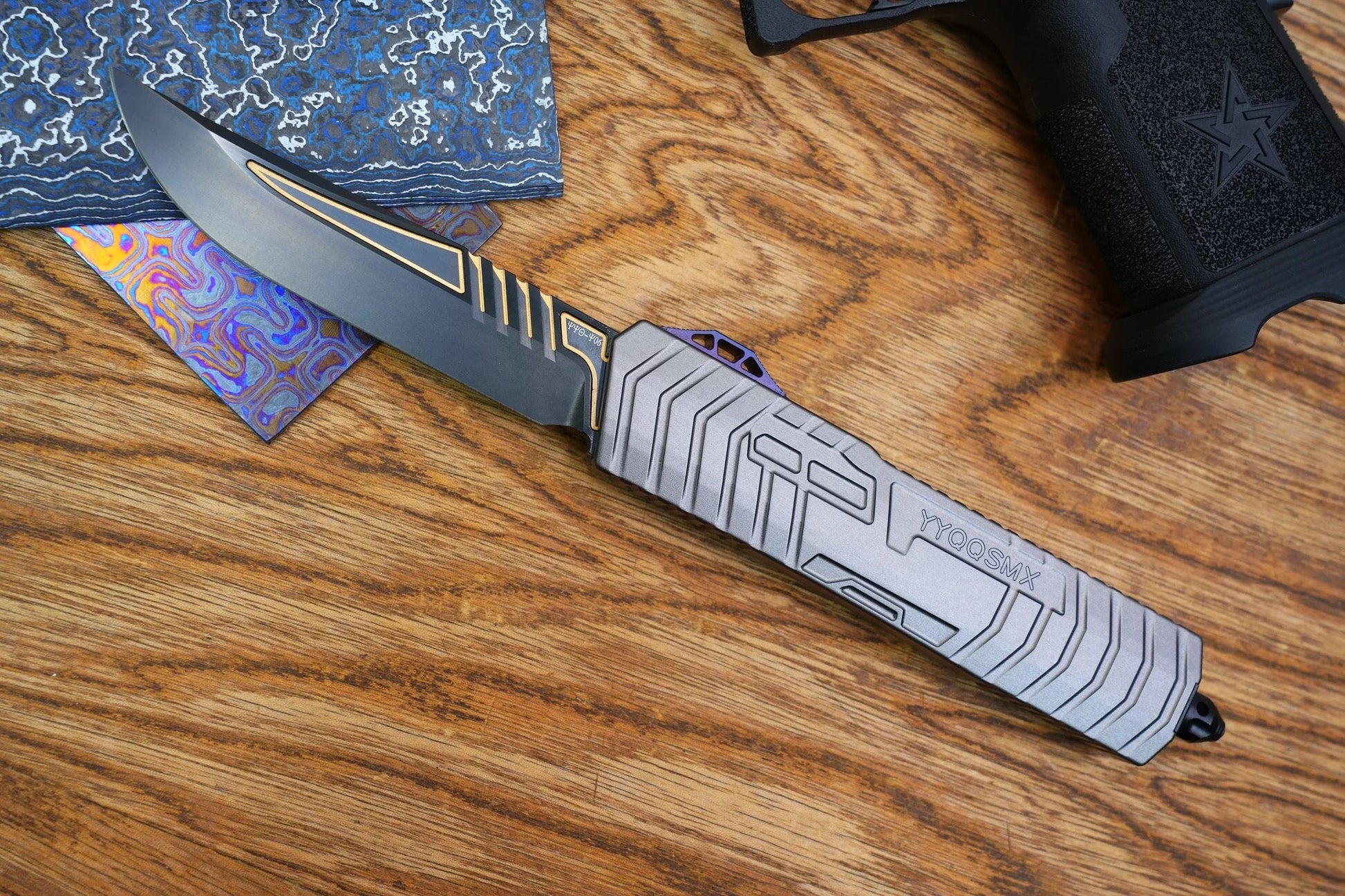 North Mountain Blade NMB-Giant dlc gold pattern otf knife detail