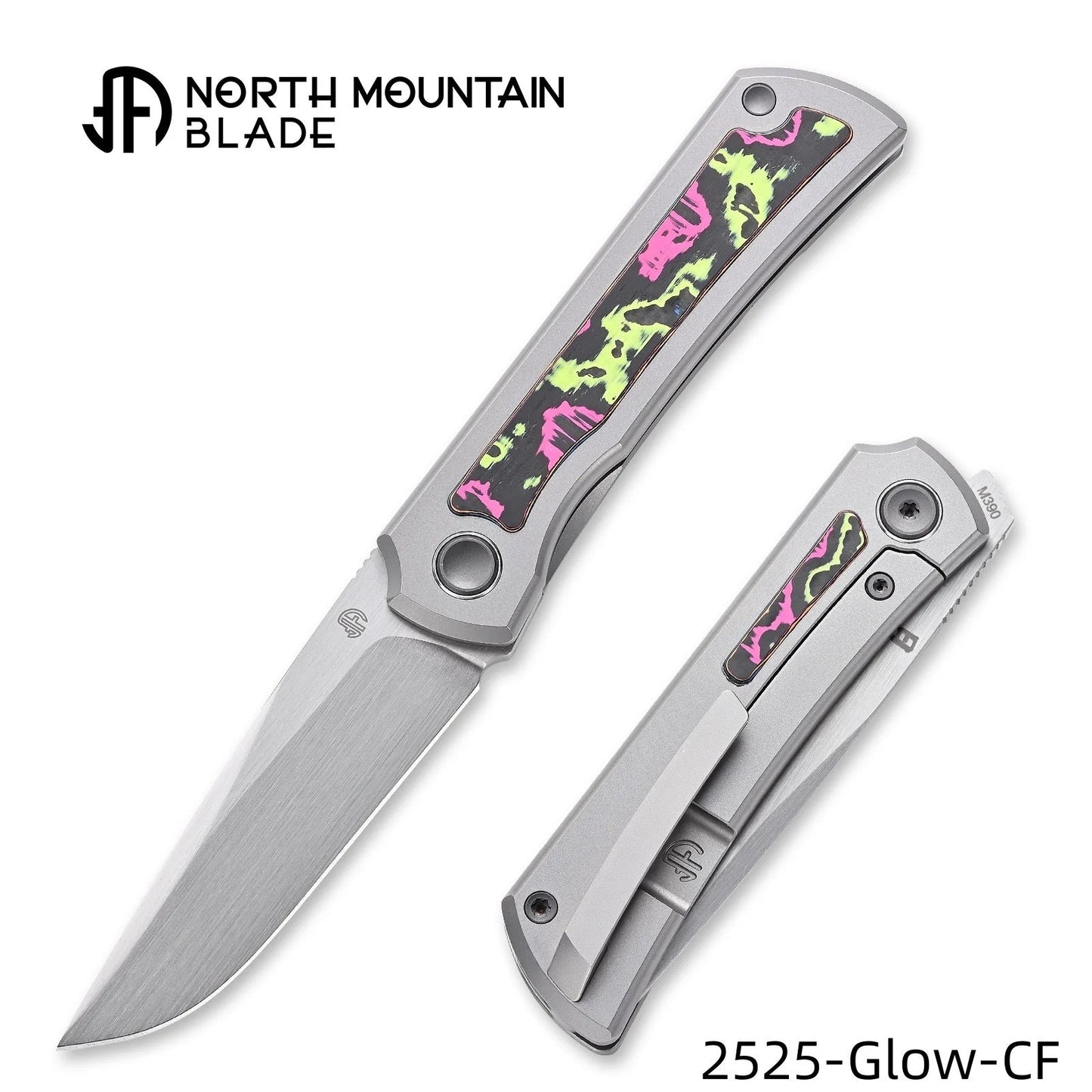 North Mountain Blade 2525-Glow-CF sun mini 2 5 m390 hand brushed blade titanium handle