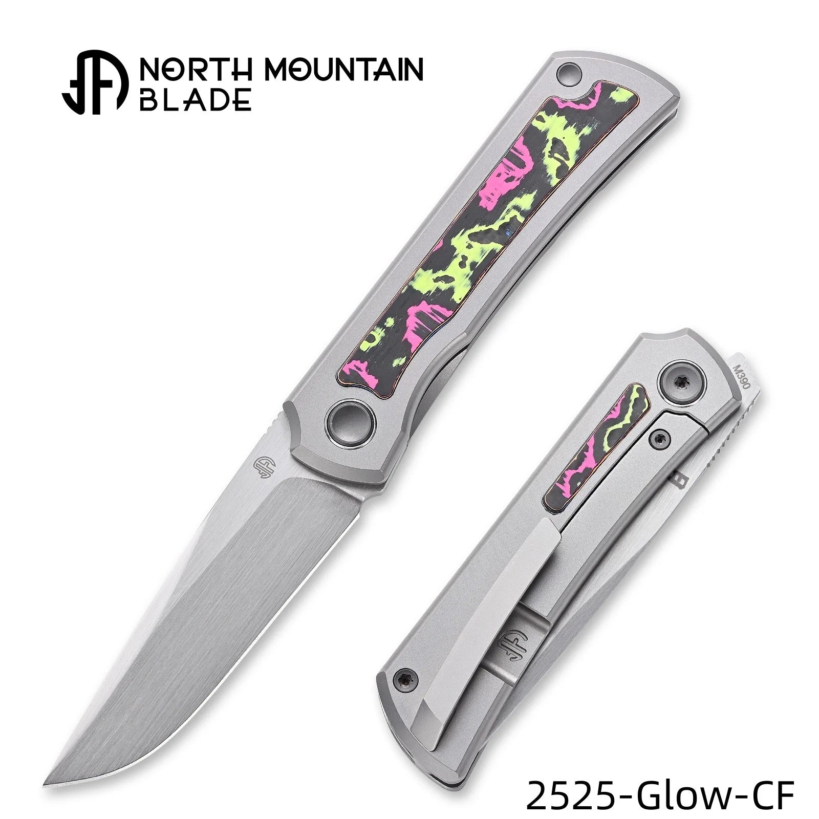 North Mountain Blade 2525-Glow-CF sun mini 2 5 m390 hand brushed blade titanium handle