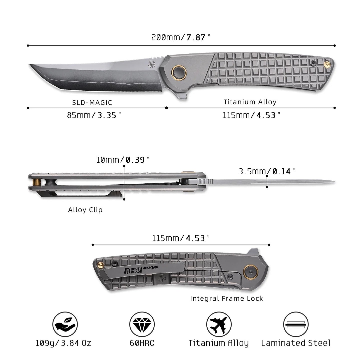 North Mountain Blade Zero 2507-Grid – 3.5" SLD-Magic Tanto Titanium Frame Lock Knife