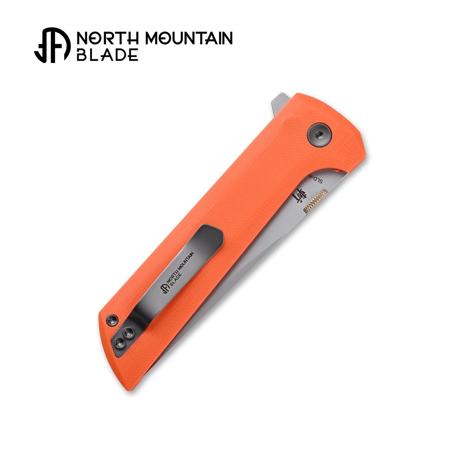 North Mountain Blade Chop 2 2406-OR .45 ACP-style thumb disc detail, orange G10 handle
