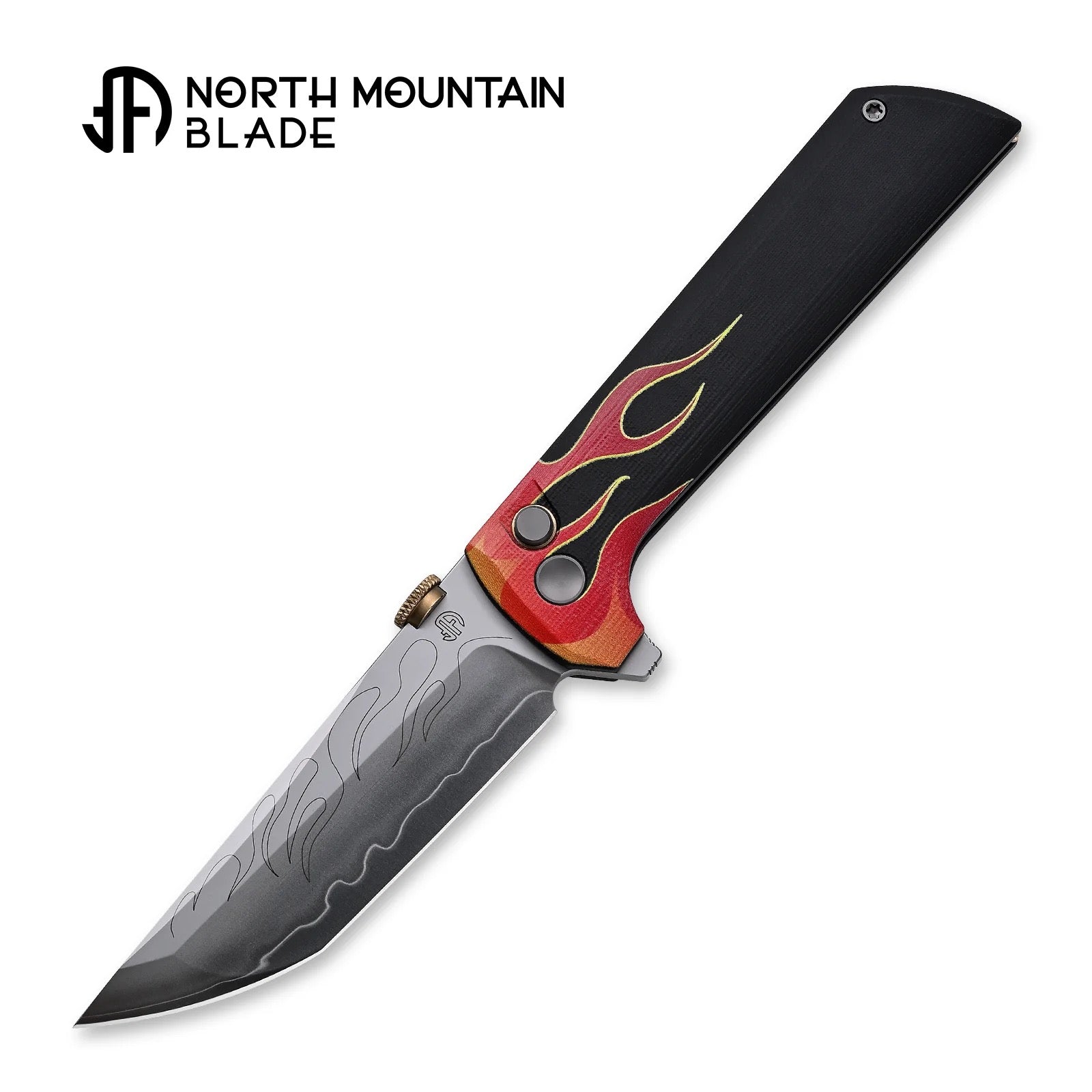North Mountain Blade Chop 2 Hot Rod 2406-HotRod front view – 3.5″ SLD-Magic tanto folding knife with .45-style thumb disc