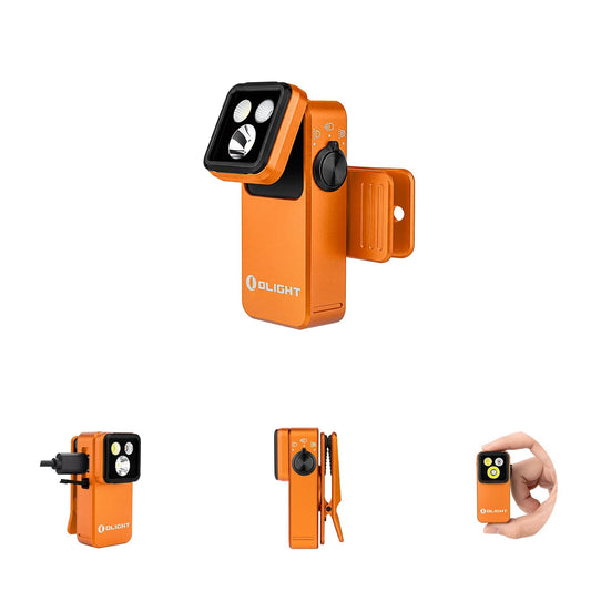 Olight Oclip 2 Pro Orange front view – 530 lumen flood, spot and red EDC clip light