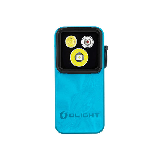 Olight Oclip 2 Pro Tidal Blue front view – 530 lumen flood, spot and red EDC clip light