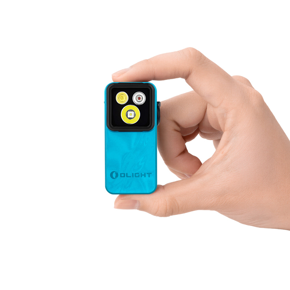 Olight Oclip 2 Pro Tidal Blue size comparison held in hand