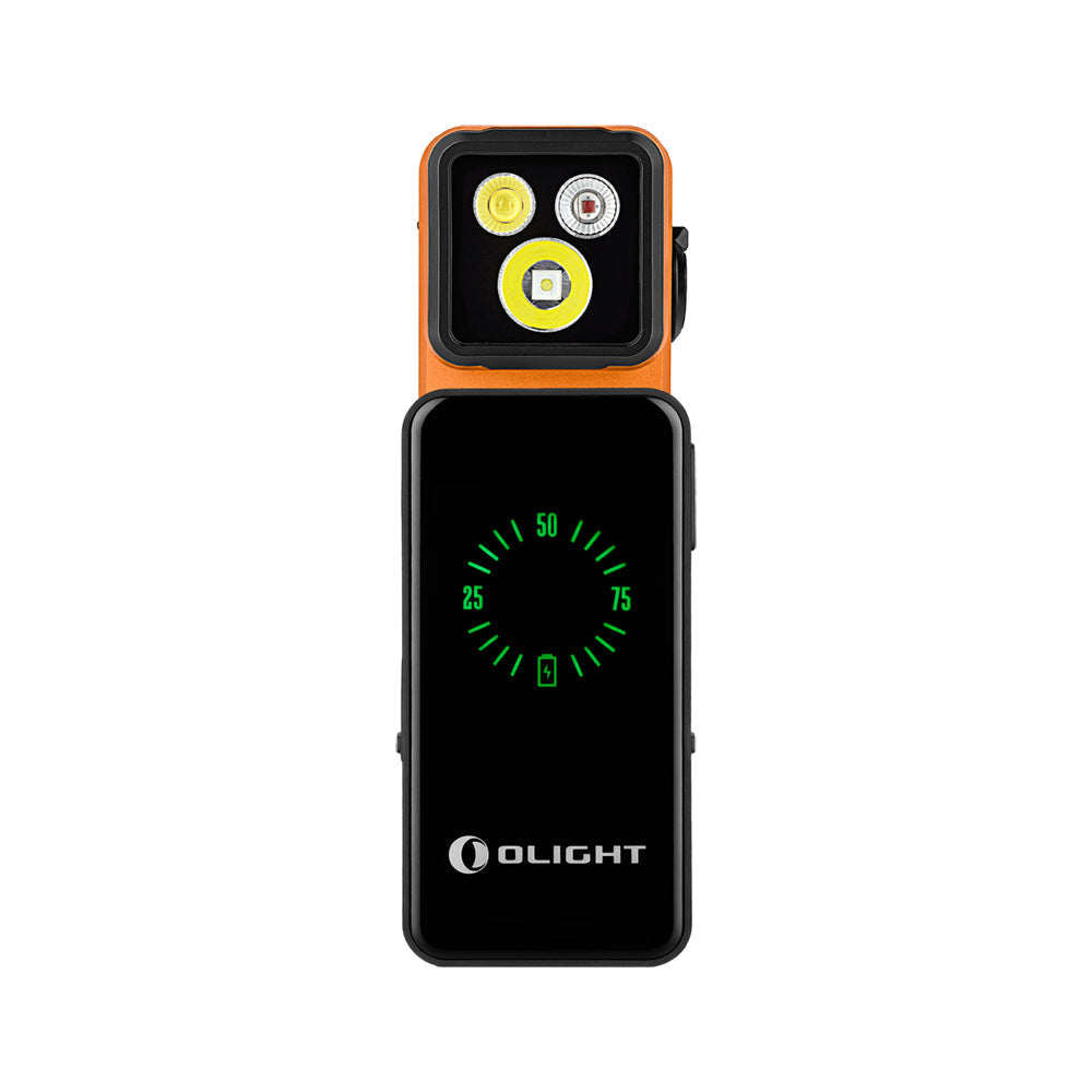 Olight Oclip 2 Pro Premium Orange charging dock with battery level display
