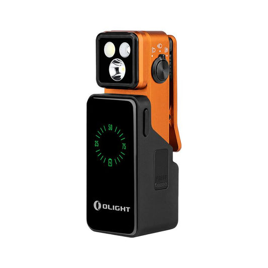 Olight Oclip 2 Pro Premium Orange front view – 530 lumen clip light with 1,000mAh mobile charging dock