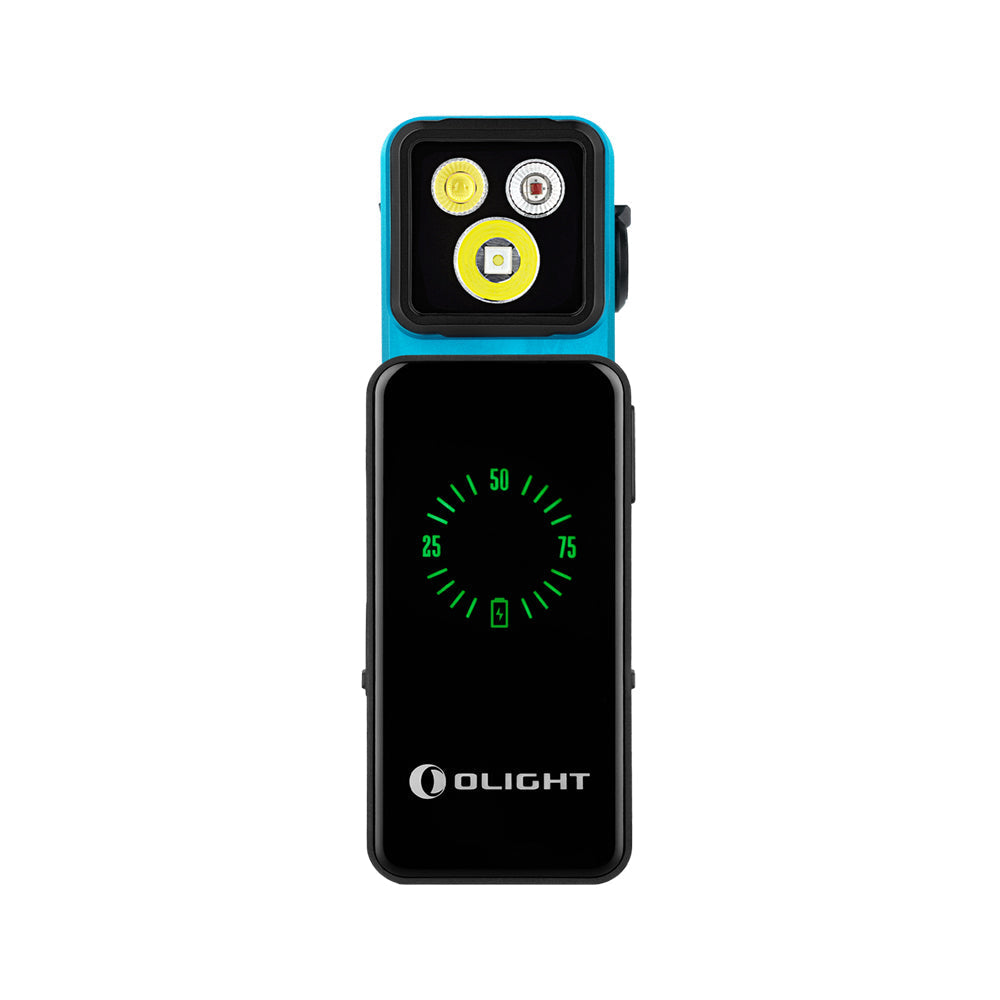 Olight Oclip 2 Pro Premium Tidal Blue charging dock with battery level display