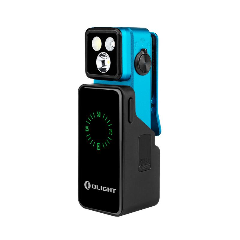 Olight Oclip 2 Pro Premium Tidal Blue front view – 530 lumen clip light with 1,000mAh mobile charging dock