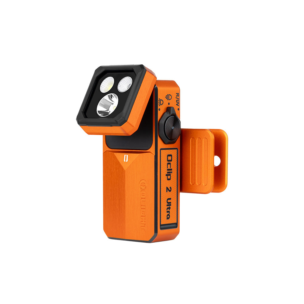 Olight Oclip 2 Ultra Amber Orange front view – 580 lumen flood, spot, red and UV EDC clip light