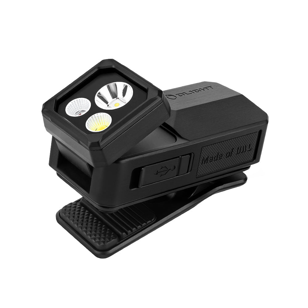 Olight Oclip 2 Ultra Onyx Black isometric view showing rotating head and triple LED