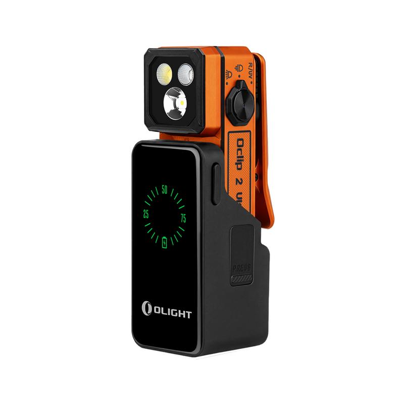 Olight Oclip 2 Ultra Premium Amber Orange front view – 580 lumen UV clip light with 1,000mAh mobile charging dock