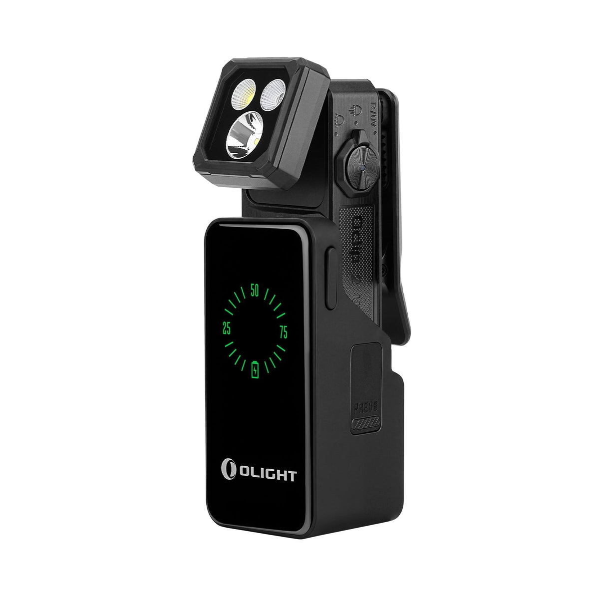 Olight Oclip 2 Ultra Premium Onyx Black in charging dock showing battery level