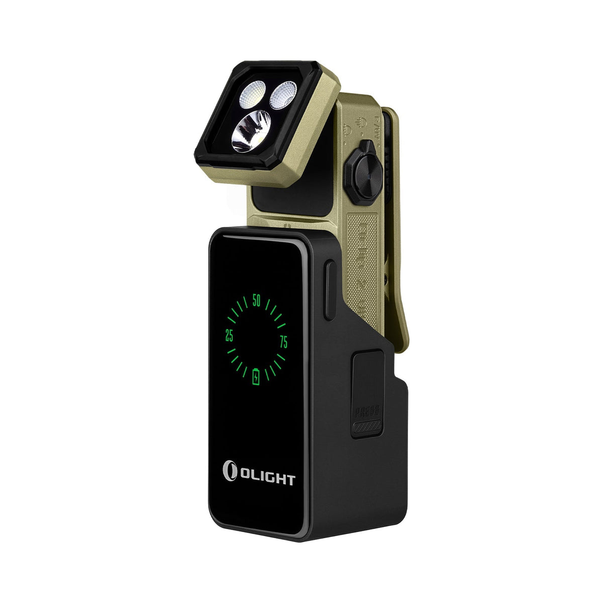 Olight Oclip 2 Ultra Premium Olive Green in charging dock showing battery level