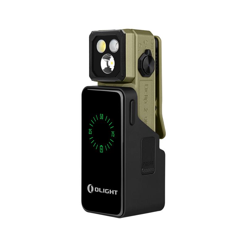 Olight Oclip 2 Ultra Premium Olive Green front view – 580 lumen UV clip light with 1,000mAh mobile charging dock