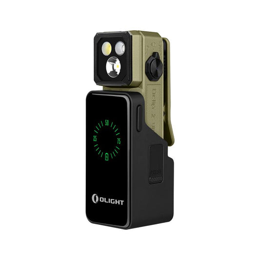 Olight Oclip 2 Ultra Premium Olive Green front view – 580 lumen UV clip light with 1,000mAh mobile charging dock