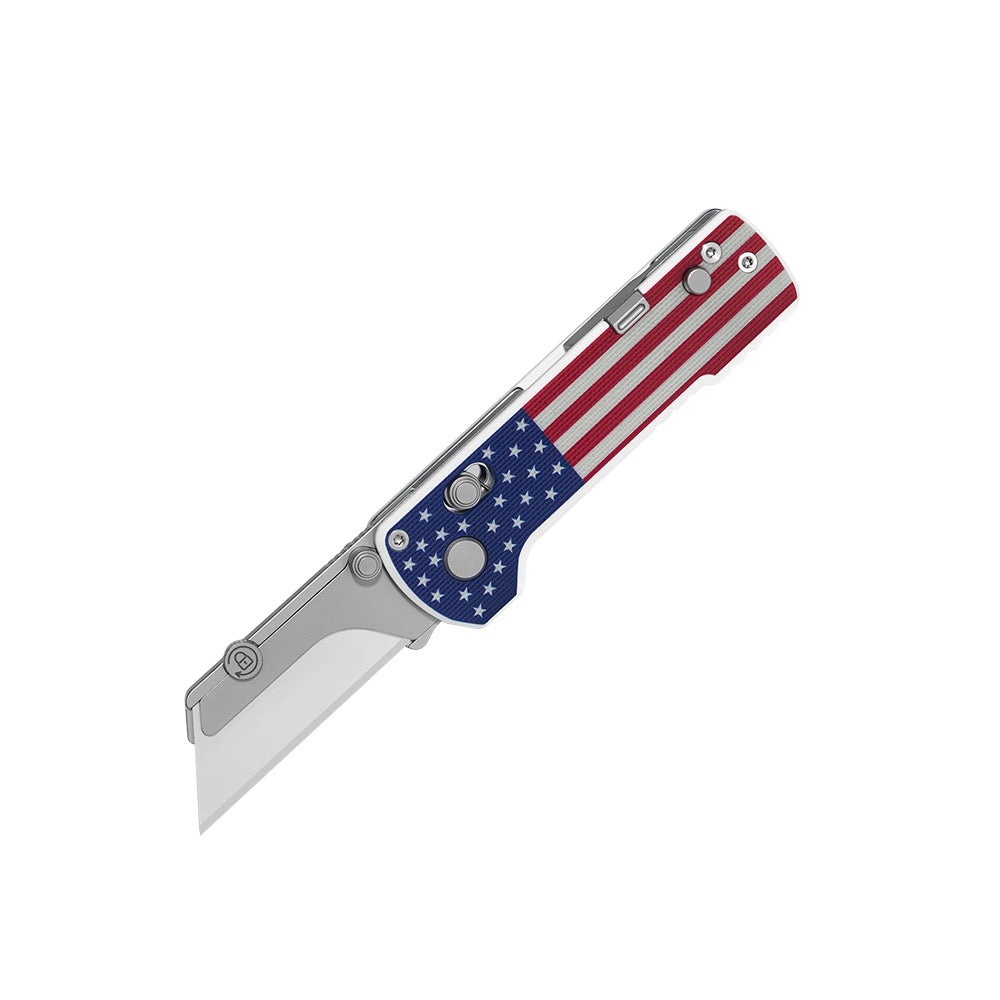 Oknife U1 Pro Stars & Stripes open showing the replaceable SK5 utility blade and rail lock