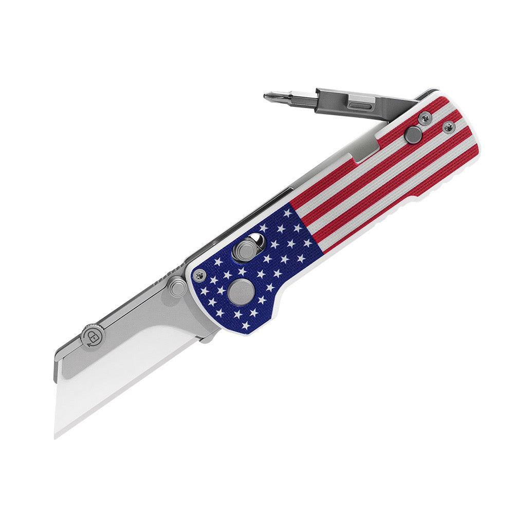 Oknife U1 Pro Stars & Stripes with the folding screwdriver bit driver deployed alongside the utility blade