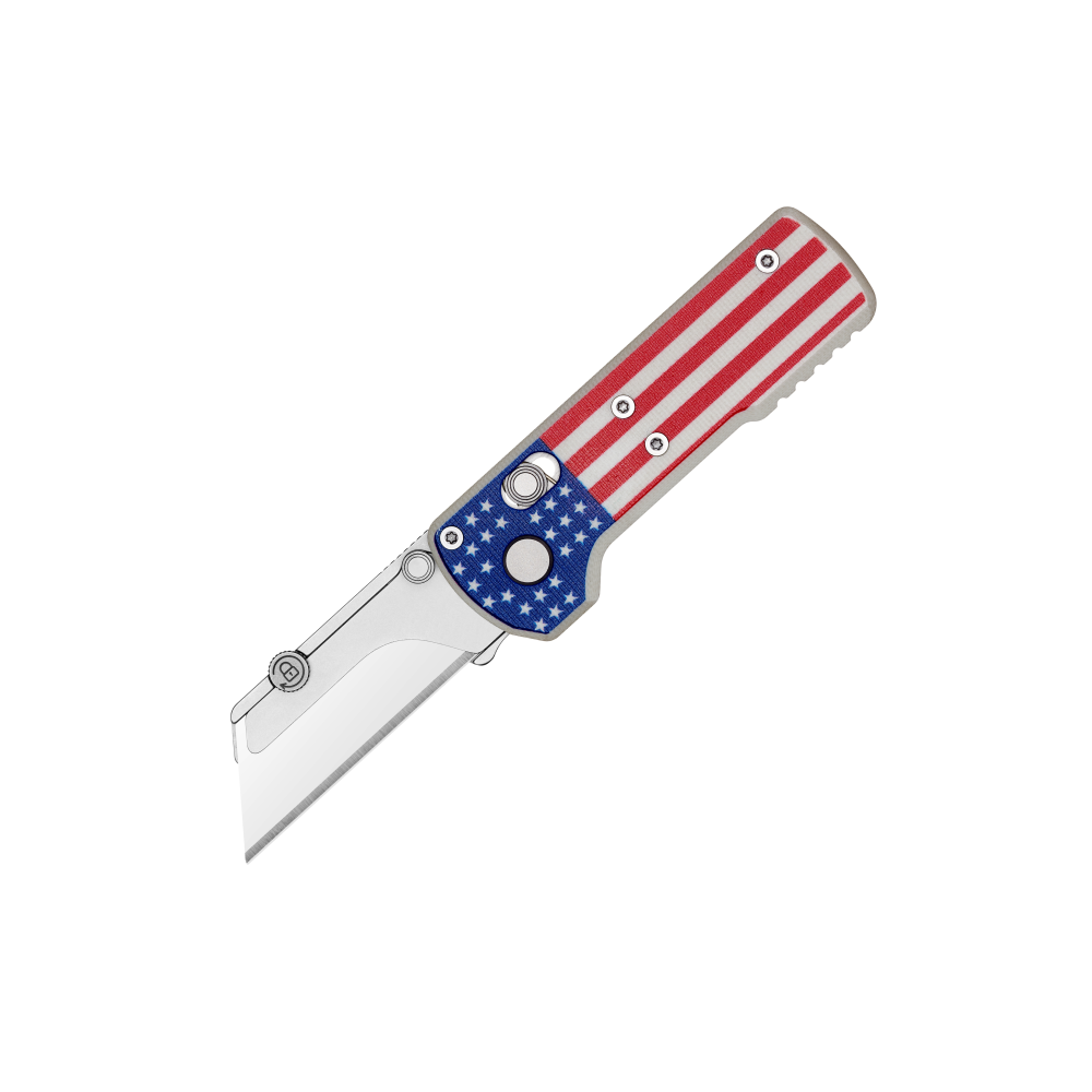 Oknife U1 Stars & Stripes open showing the replaceable SK5 utility blade and rail locking system