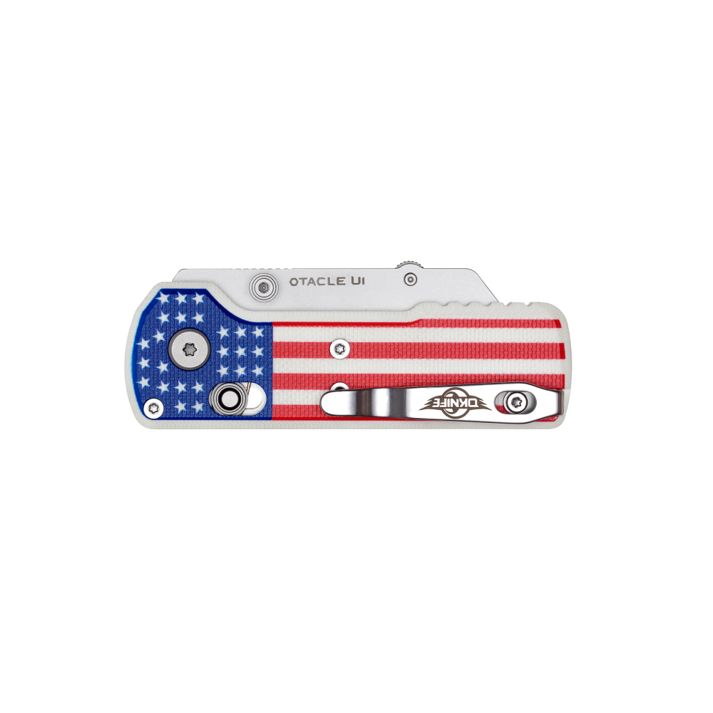 Oknife U1 Stars & Stripes closed view showing the USA flag G10 handle and pocket clip