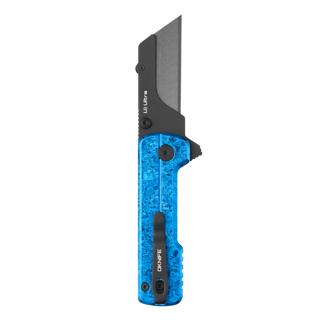 Oknife U1Ultra-SnowflakeBlue open position showing ceramic blade
