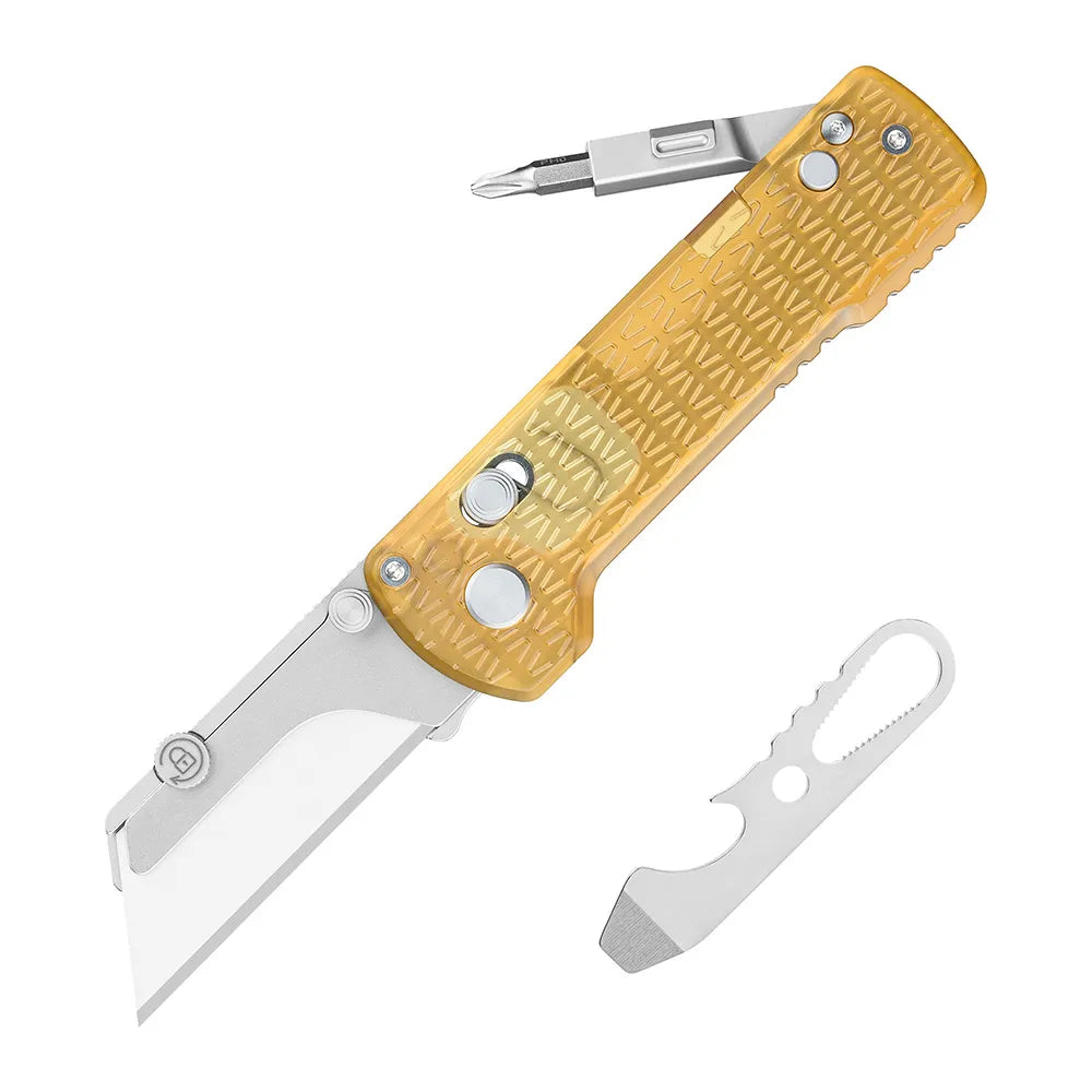 Oknife U1Pro-PEI – Folding Utility Knife Multitool with Amber Transparent PEI Handle & Folding Screwdriver