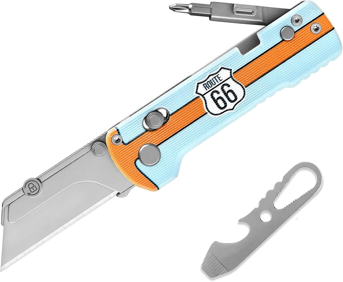 Oknife U1Pro-Racing66 – Folding Utility Knife Multitool with Route 66 Blue G10 Handle & Folding Screwdriver
