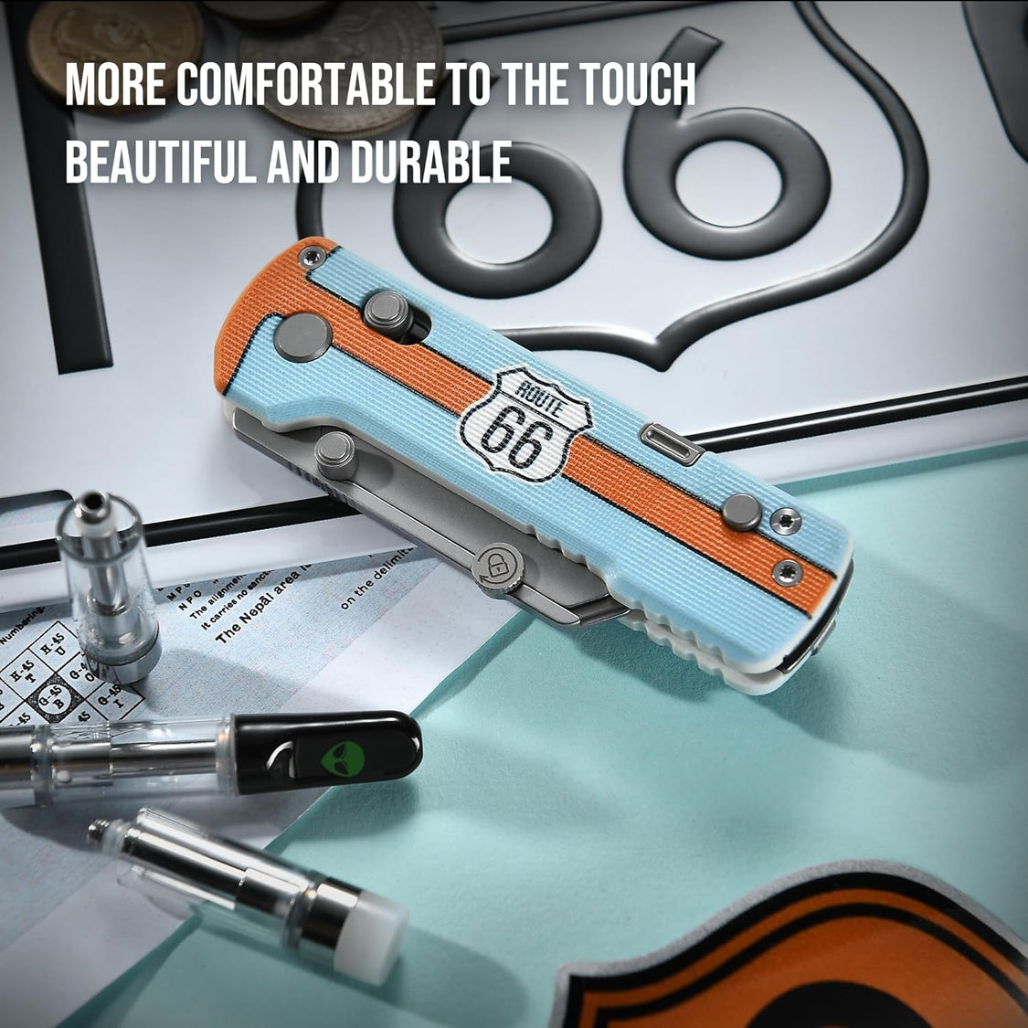 Oknife U1Pro-Racing66 – Folding Utility Knife Multitool with Route 66 Blue G10 Handle & Folding Screwdriver