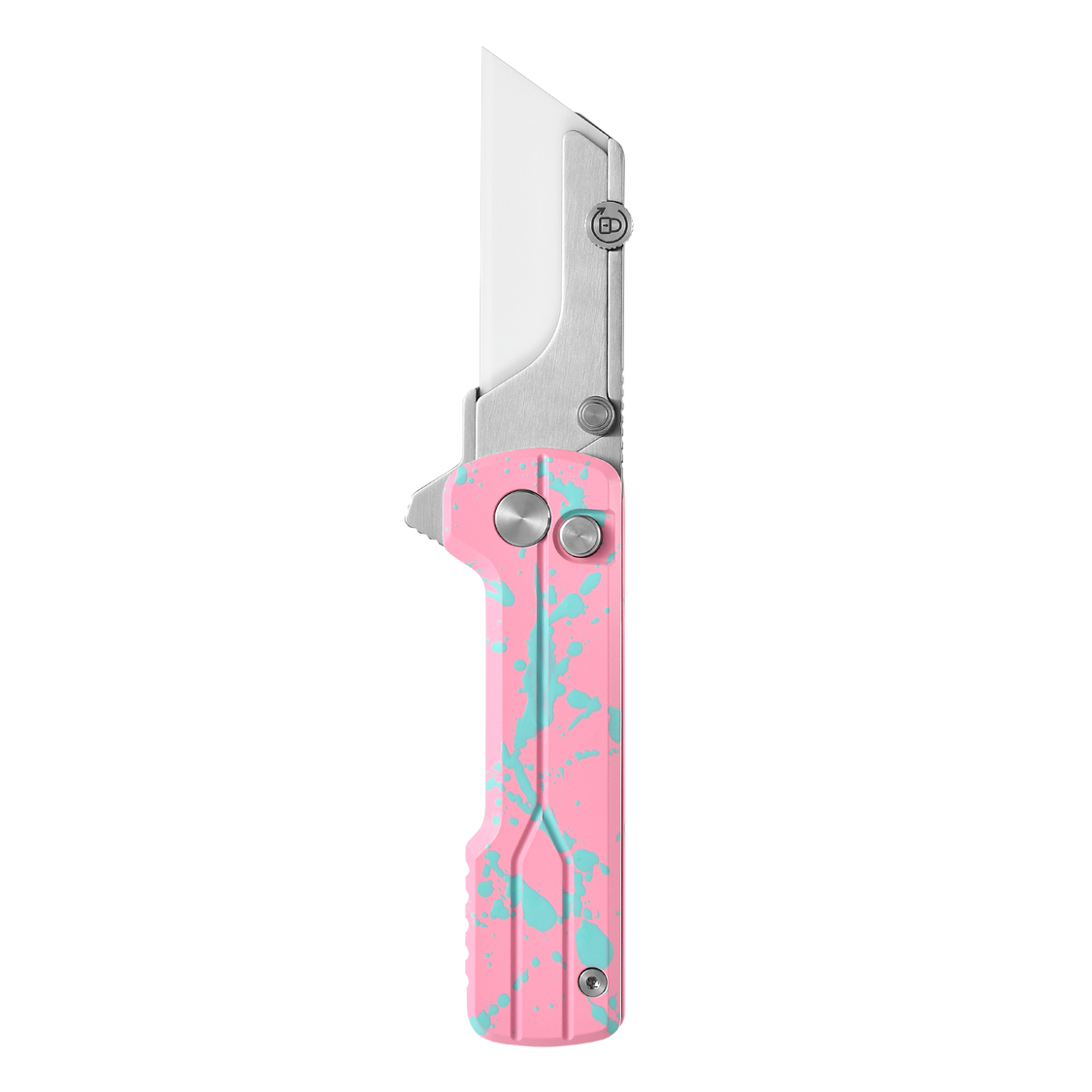 Oknife U1Ultra-ZombiePink button lock and thumb stud detail