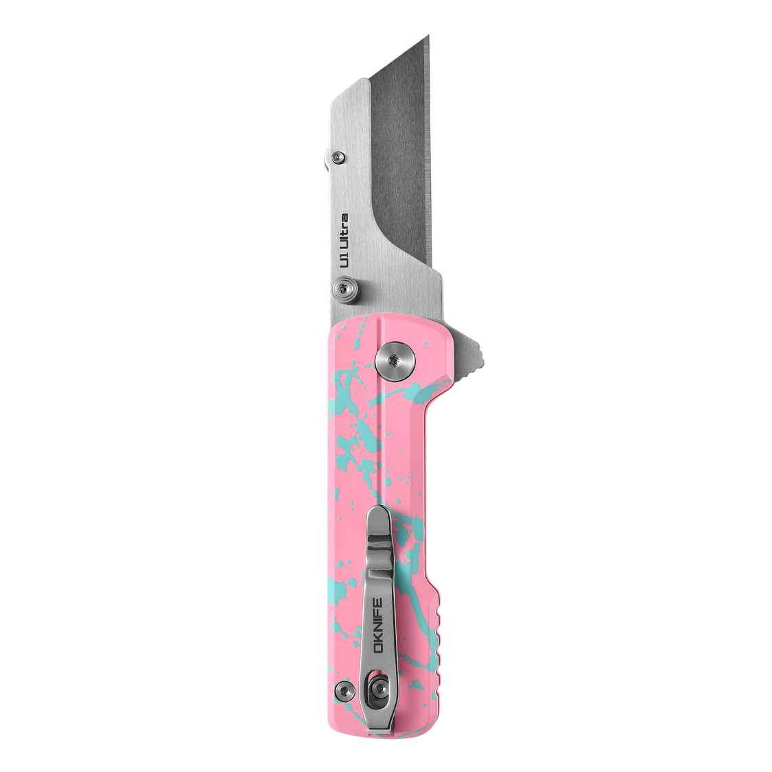 Oknife U1Ultra-ZombiePink folding utility knife in hand for scale