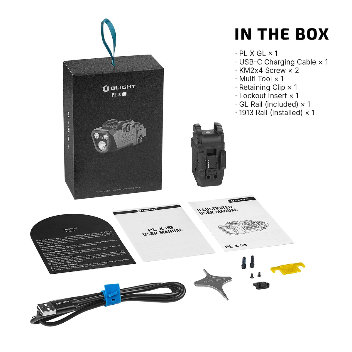 Olight PL X GL included accessories – GL rail adapter, USB-C cable and manual