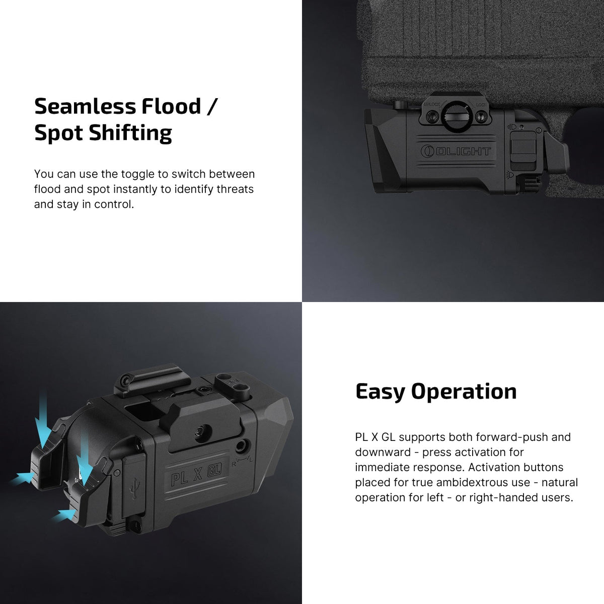 Olight PL X GL ambidextrous switches and flood/spot shifting detail