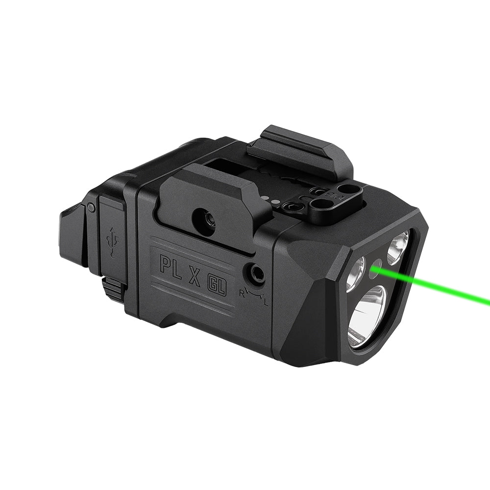 Olight PL X GL front isometric view – 1,200 lumen rail-mounted pistol light with green laser