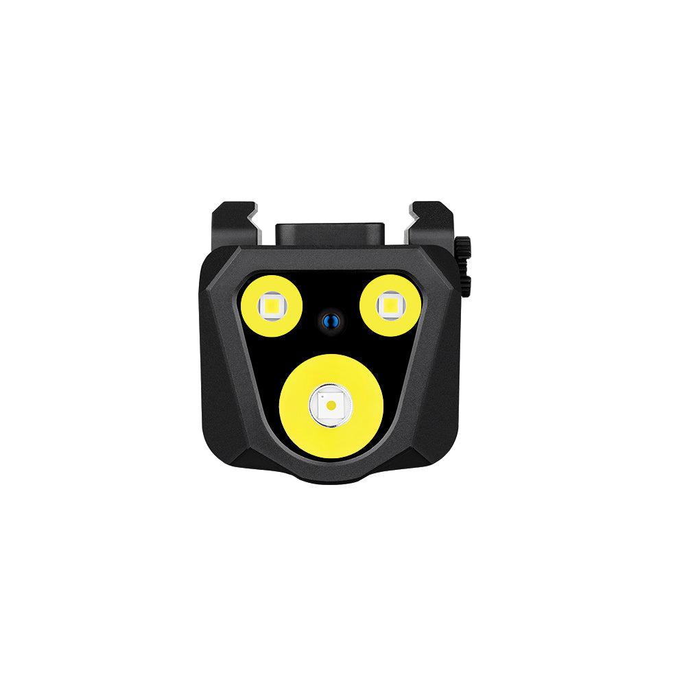Olight PL X GL front view showing flood, spot and laser emitters
