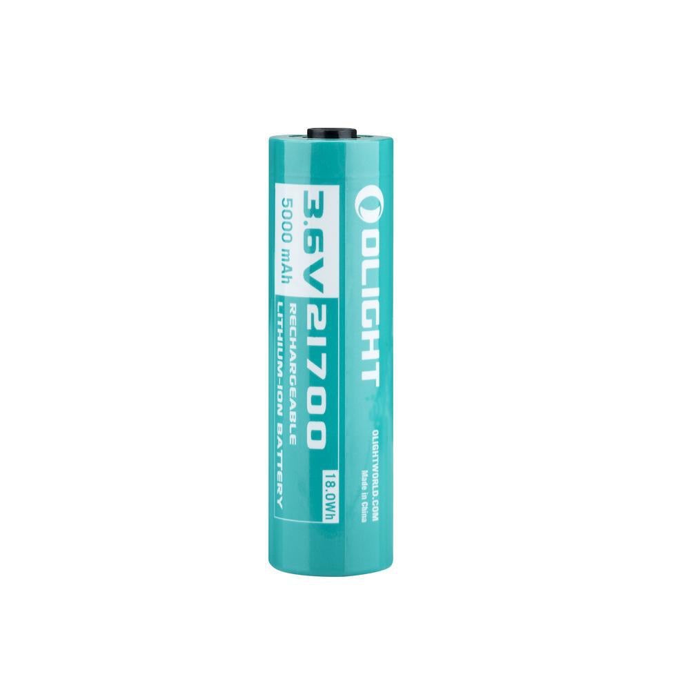 Olight 21700 5000mAh rechargeable battery showing the magnetic charging contacts